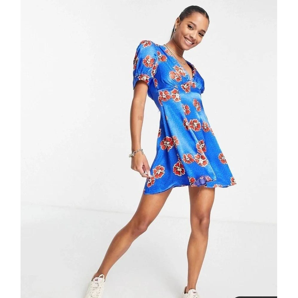 Topshop Petite Blue Floral Polka Dot V-Neck Puff Sleeve Mini Dress Size 12‎